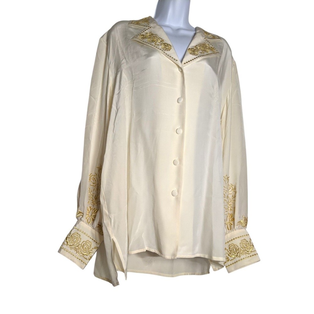 NWT Vtg DVF 100% Silk Blouse Sz L Ivory Gold Floral Embroidery Luxury Designer - Picture 6 of 15